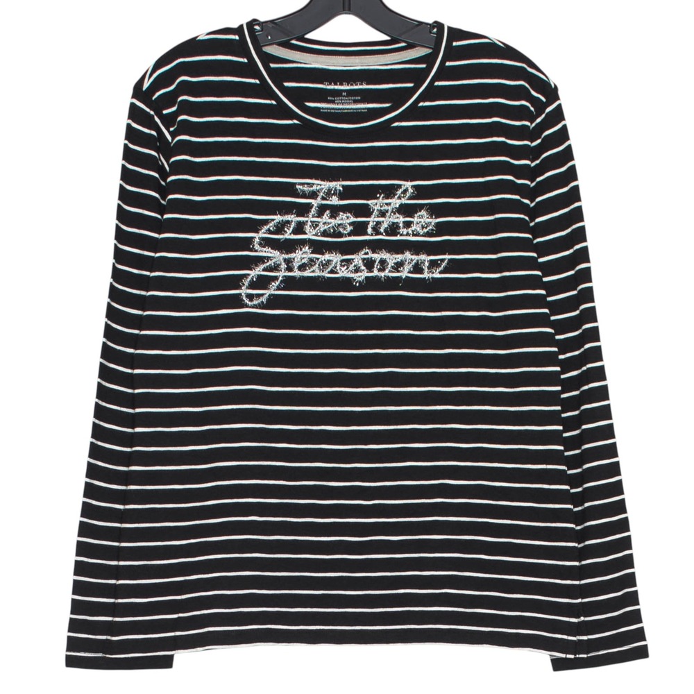 NEW Talbots Top Tis The Season Striped Christmas Holiday Festive Party Black M